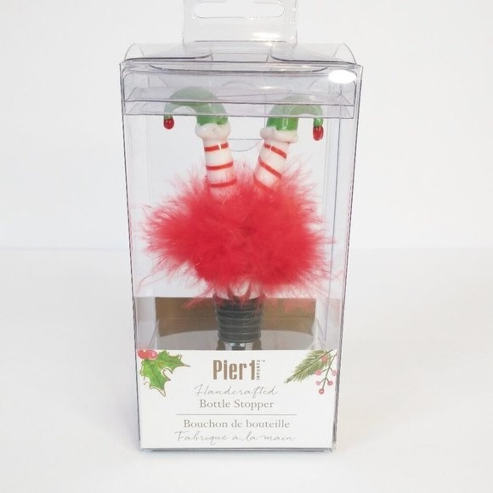 Pier 1 Imports Holiday Tipsy Upside-Down Elf Bottle Stopper Feather Skirt NIB